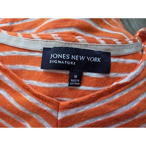 Jones New York Signature Orange & White Linen Striped V-Neck T-Shirt M - Picture 4 of 7